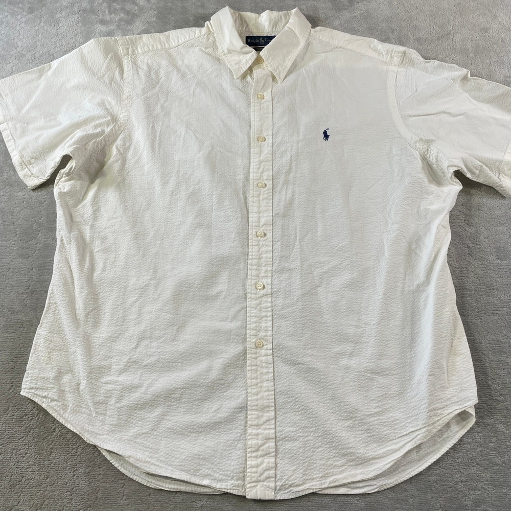 Ralph Lauren Seersucker Shirt Mens XXL White Button Classic Fit Summer Beach